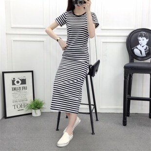 修身 条纹短袖 休闲长裙大码 新款 显瘦连衣裙夏 连衣裙女2020韩国夏季