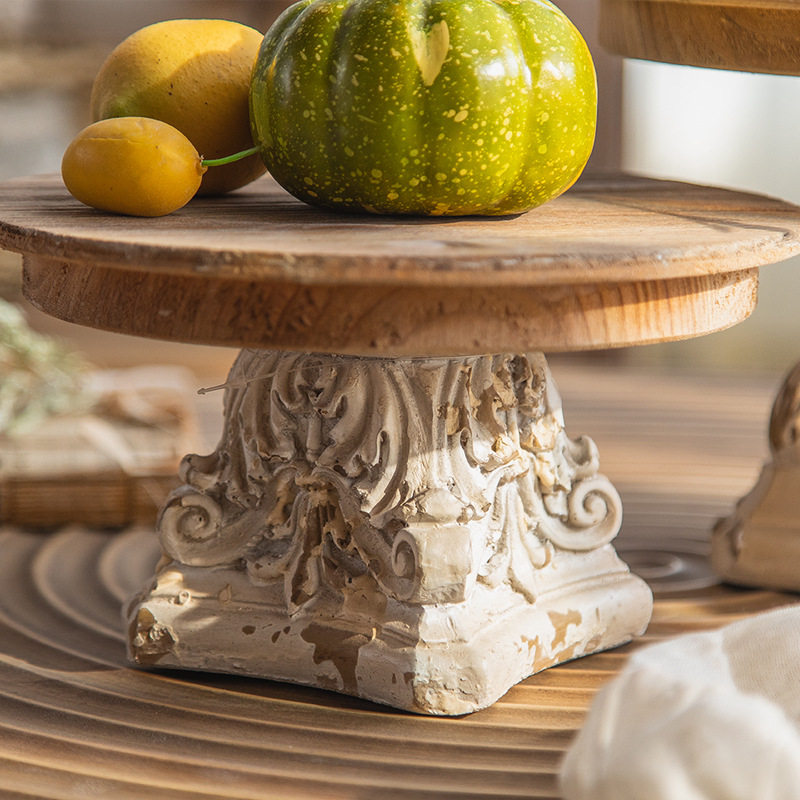 美式实木圆形底座托盘民宿软装装饰雕刻摆件果盘置物架香薰托架