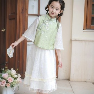 汉服女童新中式国风旗袍裙民国舞蹈服七分袖斜襟儿童假两件马甲