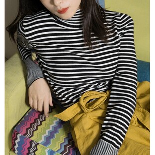 半高领毛衣女2021秋冬新款修身打底衫洋气内搭黑白条纹上衣针织衫