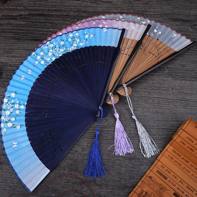 包邮中国风日式精美女士折扇工艺真丝扇子夏季绢扇舞蹈演出折叠扇