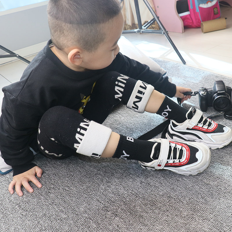 儿童袜子纯棉秋冬季加厚男童女童中筒宝宝中大童婴儿中长款黑白色