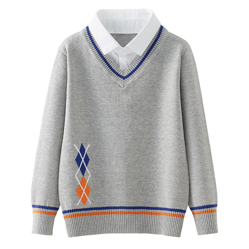 男童衬衫领毛衣假两件2023春秋新款儿童套头针织衫加绒加厚中大童