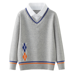 男童衬衫领毛衣假两件2023春秋新款儿童套头针织衫加绒加厚中大童