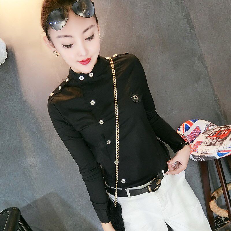 2025早春新款长袖衬衫女学院风修身职业OL打底衫肩章小衫显瘦衬衣