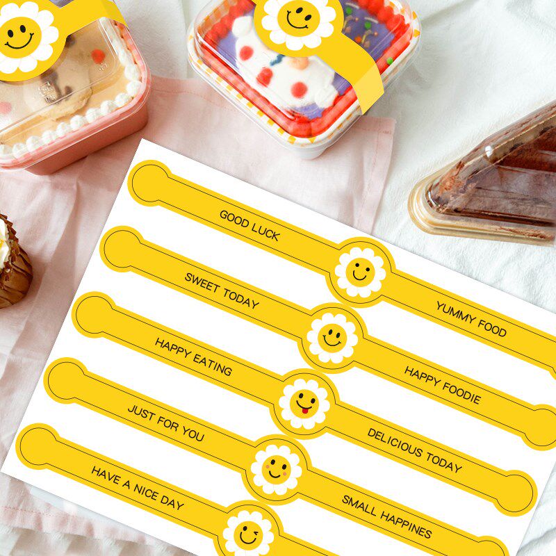 可爱笑脸烘焙长条封口贴双头卡通奶茶甜品蛋糕雪媚娘蛋黄酥包装贴