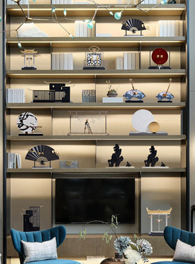 新中式禅意轻奢摆设客厅酒柜玄关软装饰品样板间高端建筑扇子摆件