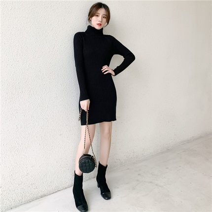 高领毛衣女中长款加绒加厚秋冬内搭针织连衣裙修身显瘦打底毛衣裙