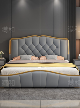 轻奢主卧真皮床意式极简双人床1.8m现代简约皮床2.2m储物软包婚床