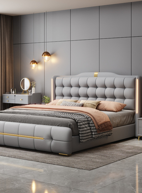 意式轻奢真皮床主卧大床2x2.2米双人皮艺婚床1.8米带储物薄床头床