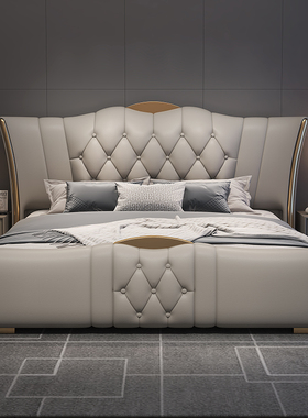 意式现代简约真皮床轻奢风双人床高端主卧大床网红皮艺床家用储物