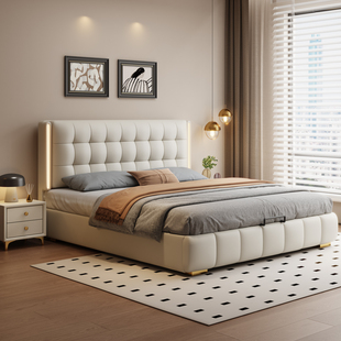 真皮床2米x2米2主卧双人大床法式 华夫格床实木带储物卧室软包婚床