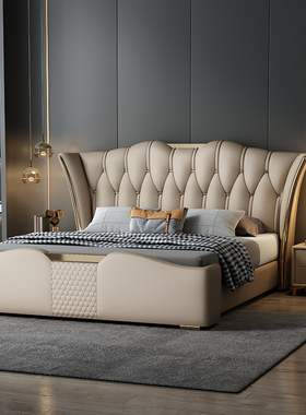 真皮床现代简约床主卧2.2米软包床带灯皮床高端大气1.8米双人婚床