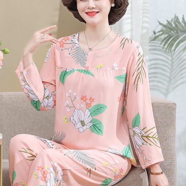 夏季睡衣女款长袖棉绸妈妈空调服人造棉中老年人绵绸长裤套装薄款