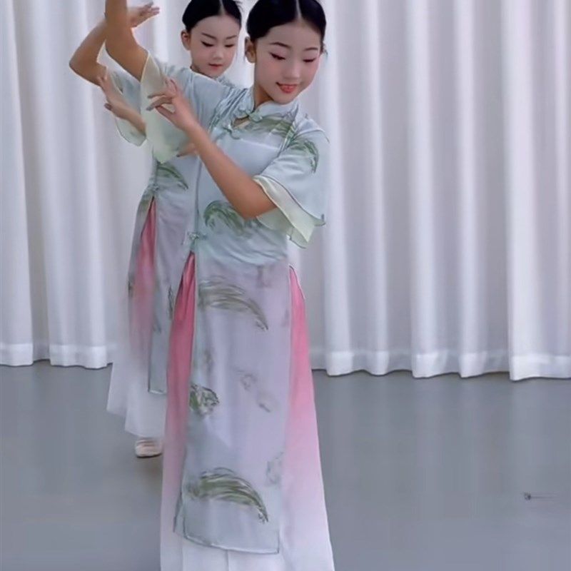 烟雨行舟舞蹈服装儿童旗袍套装春三月表演服有位姑娘古典舞表演服图片