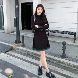 中长款针织连衣裙女秋冬内搭半高领修身显瘦小个子打底a字毛衣裙