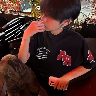 国潮牌黑色刺绣短袖t恤男装夏季新款宽松情侣装美式高街纯棉上衣