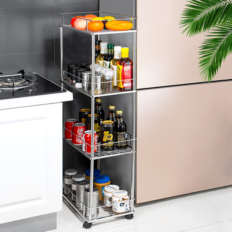 304不锈钢夹缝置物架带轮可移动厨房多层落地储物架多功能收纳架