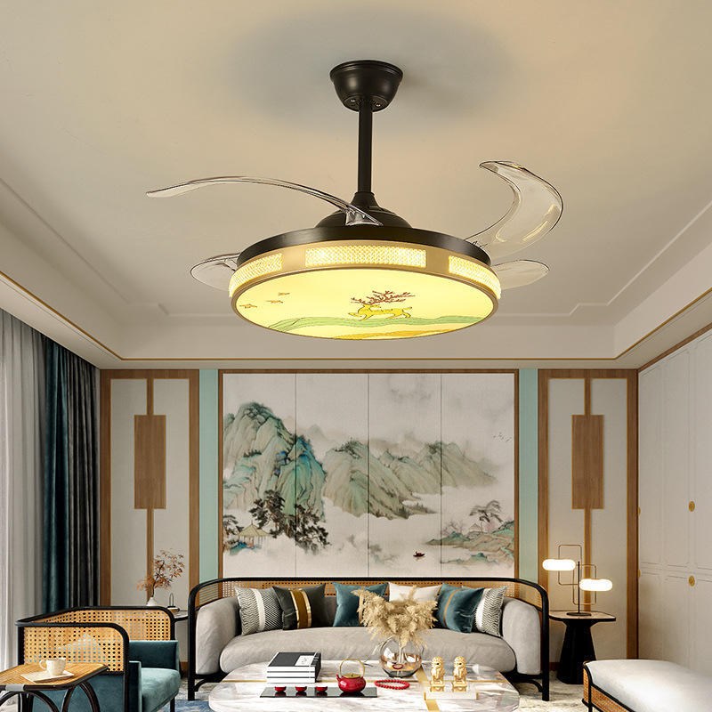 隐形吊扇灯简约现代创意餐厅电风扇卧室客厅静音一体电扇灯新中式