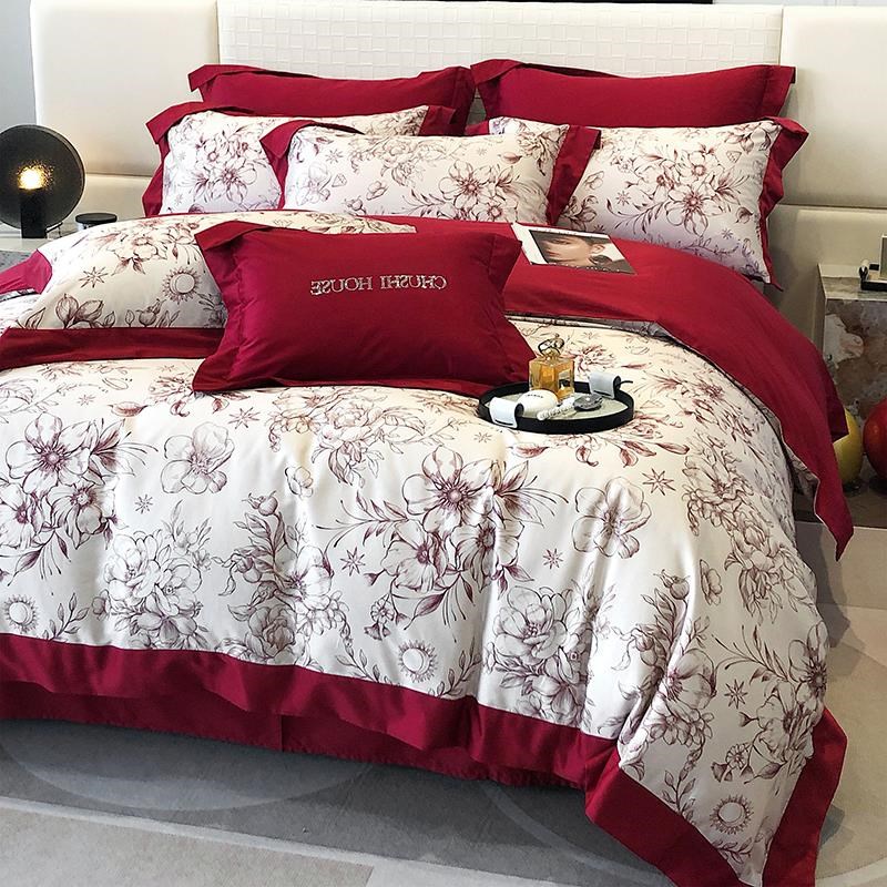 轻奢全棉婚庆四件套喜庆纯棉印花结婚被套大红色床单新婚床上用品