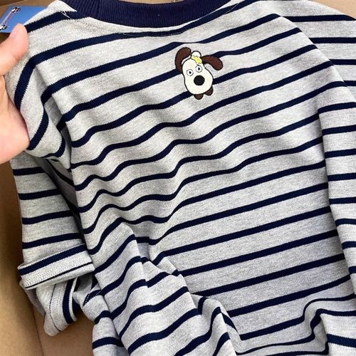 小众设计感刺绣可爱掌门狗条纹短袖t恤女夏纯棉宽松百搭减龄上衣