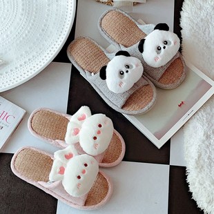 女春秋室内家用防滑透气情侣居家凉拖男 亚麻拖鞋 夏季 可爱卡通日式