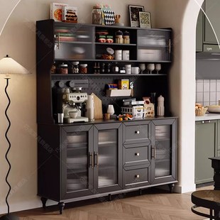实木餐边柜靠墙一体收纳柜黑色洞洞板茶水柜饭厅收纳柜高柜置物柜