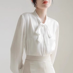 白色雪纺衬衫女夏长袖韩版大码w胖MM设计感小众气质职业OL领带衬