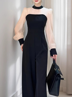 2025年秋季新款时尚长袖连x体裤套装女气质名媛收腰显瘦连衣阔腿