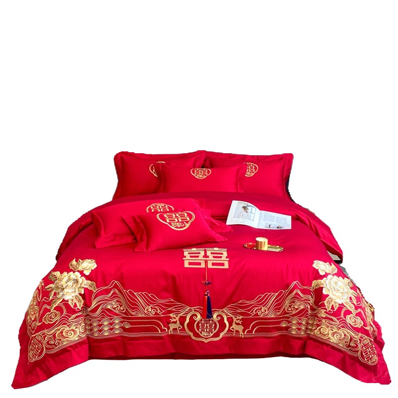 高档中式龙凤牡丹刺绣结婚四件套婚嫁红被套纯棉婚庆喜被牀上用品
