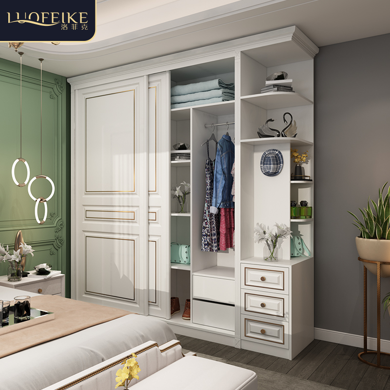 欧式推拉门衣柜卧室实木衣橱家用儿童美式三门整体白色收纳柜定制