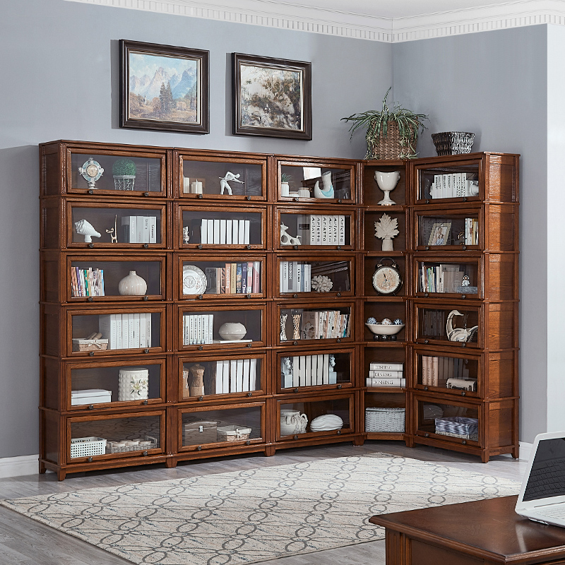 美式实木书柜组合置物柜带门玻璃门书柜 落地转角家用书橱陈列架