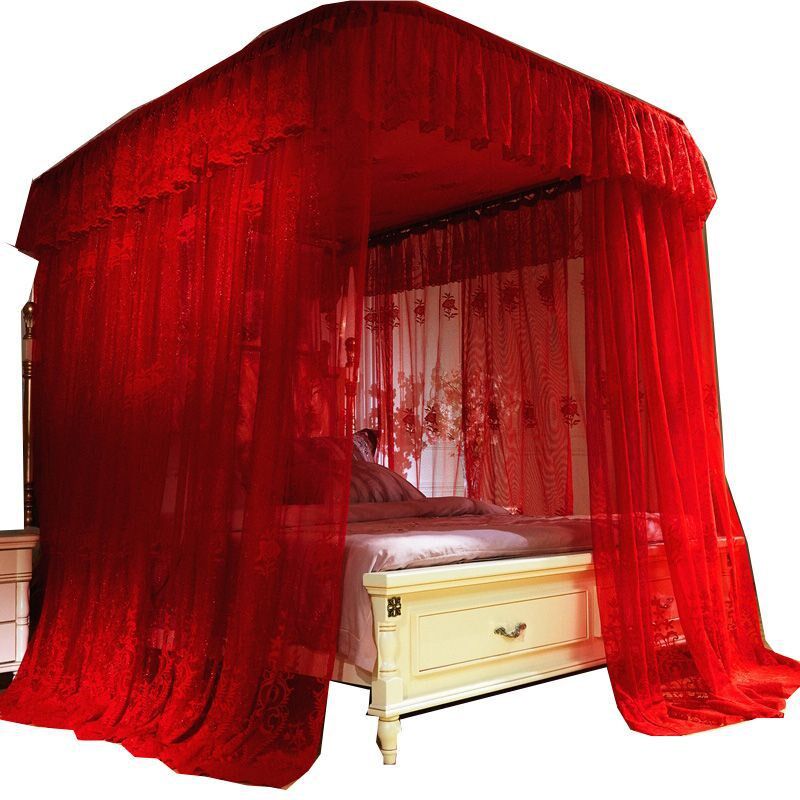 高档大红色结婚蚊帐公主风宫廷喜庆加密U型轨道导轨式加密睡帐子
