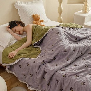 双层纱布被子纯棉花边夏凉被夏天棉纱夏被 2024新款 韩式 泡芙被夏季