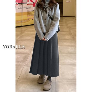 灰色毛呢百褶裙女秋冬新款大码显瘦梨形身材胖mm中长款软糯a字裙