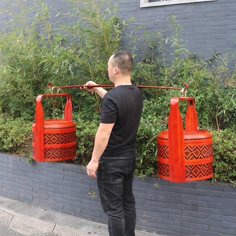 竹编篮子结婚篮子定亲篮子竹制红色婚庆篮带扁担一对喜事篮一担