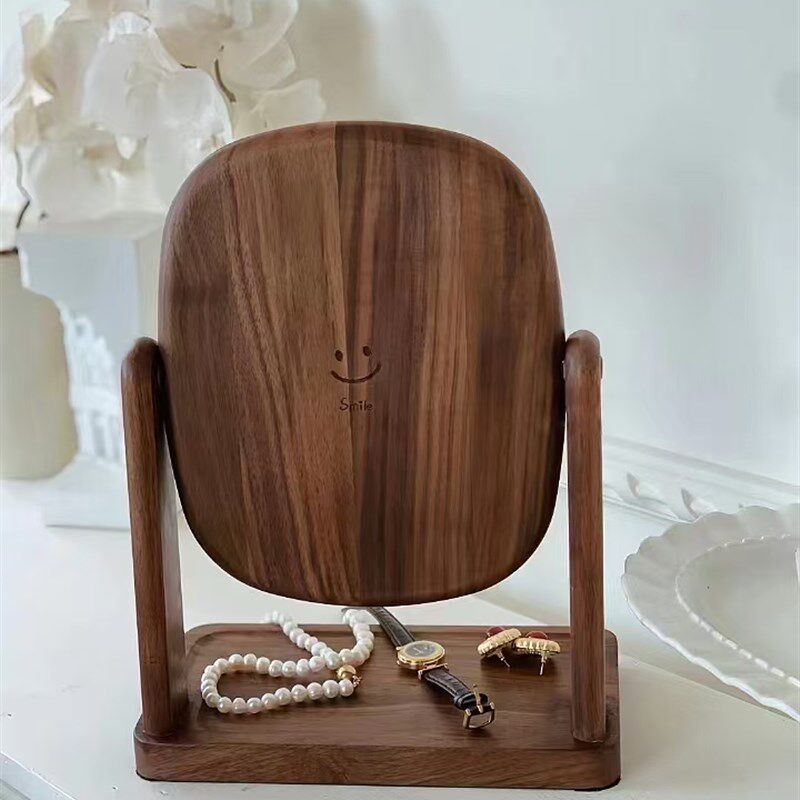 化妆镜台式桌面实木家用卧室z网红化妆镜收纳盒一体翻转梳妆镜