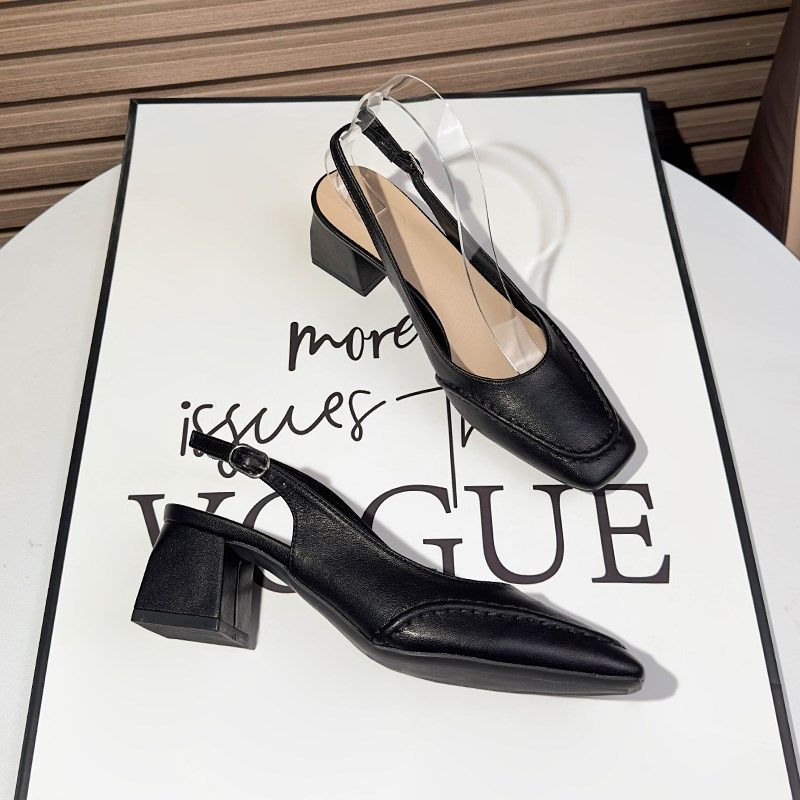 软皮黑色通勤职业一字带方头粗跟高跟鞋女2025年新款方头后空凉鞋,女鞋,时装凉鞋,淘宝优惠券,粉丝福利购,淘宝优惠卷