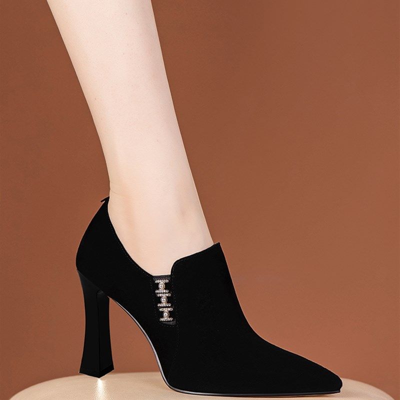 简约百搭深口鞋子女单鞋粗跟春秋季新款法式踝靴尖头高跟鞋磨砂皮,女鞋,深口单鞋,淘宝优惠券,粉丝福利购,淘宝优惠卷