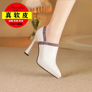 洋气防水台高跟不累脚 爆款 真软皮深口细跟单鞋 女尖头百搭2025春季