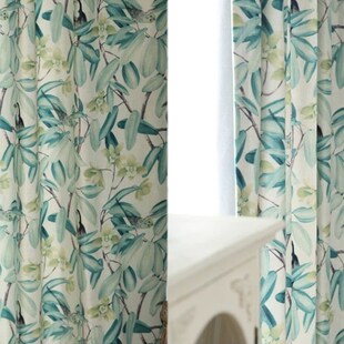 美式 乡村窗帘蓝色印花棉绒鹭鸟田园植物叶子全遮T光卧室阳台飘窗