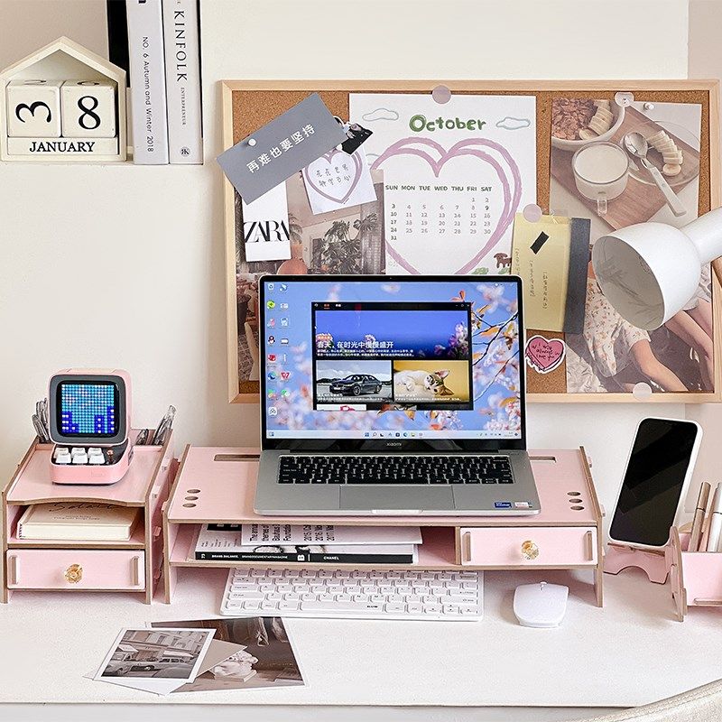 笔记本电脑专用增高架抬高支架18寸17镂空白色带抽屉桌上置物架子