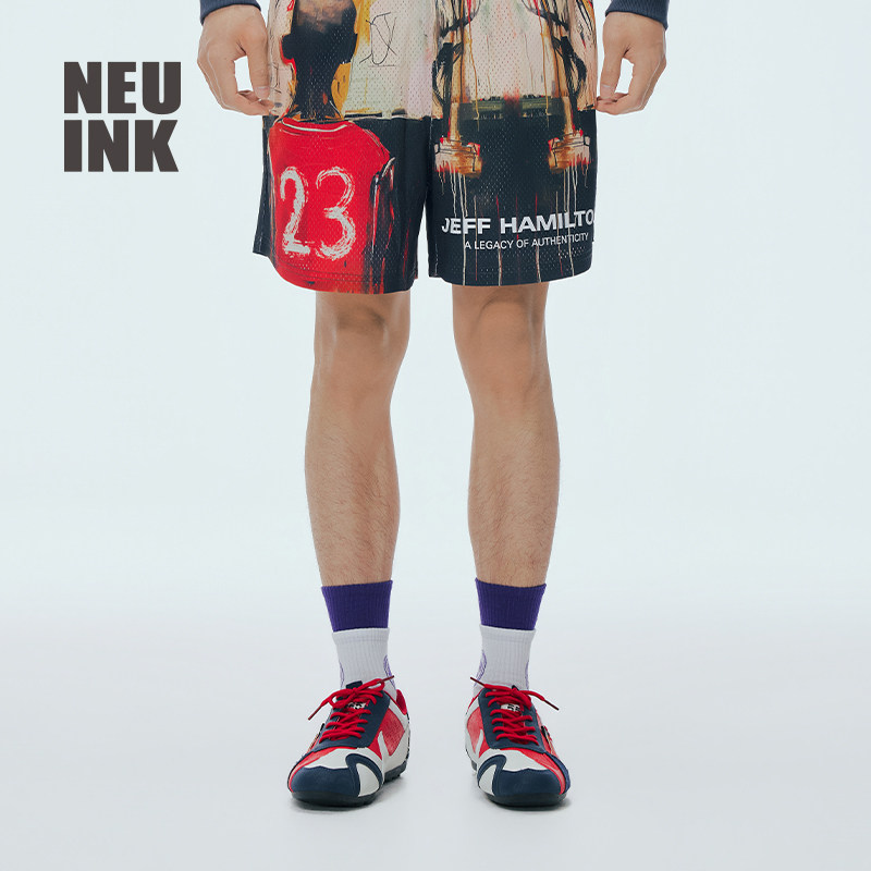 Neuink jeff hamilton新款美式街头OG球星火焰涂鸦篮球短裤男款