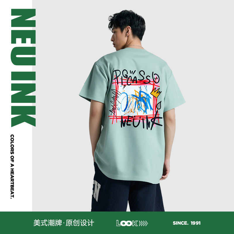 Neuink猪加索联名美式t恤潮牌男女短袖潮宽松纯棉百搭夏2026新款