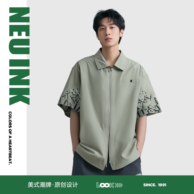 Neuink户外旅游骑行透气日系衬衫徒步男女情侣短袖宽松休闲男衬衣