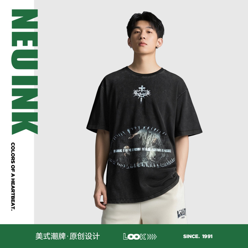 Neuink嘻哈美式重磅纯棉t恤潮牌男女短袖夏做旧上衣vintage宽松t
