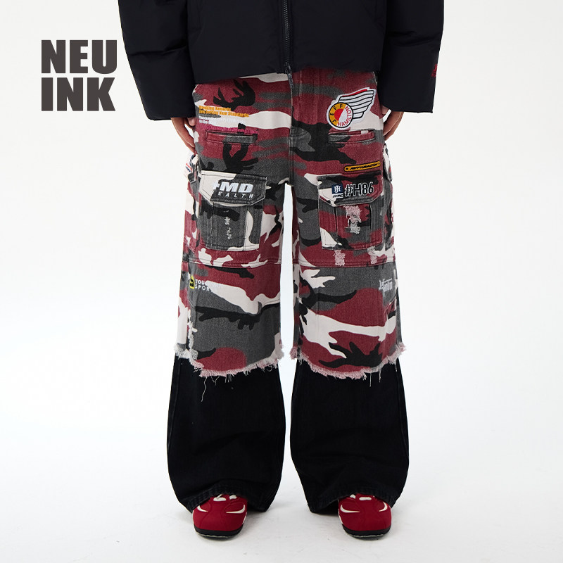 【鹿晗同款】 jeff hamilton刺绣迷彩牛仔八分工装裤美式男女裤子