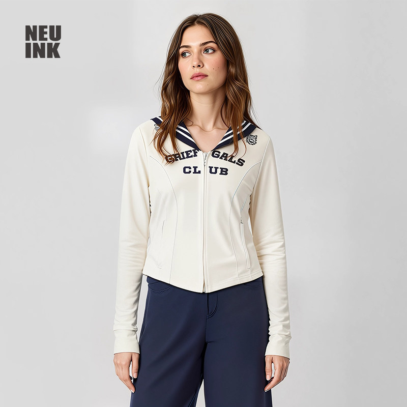 Neuink新款秋冬韩系素色学院设计感海军领内搭修身拉链卫衣外套女