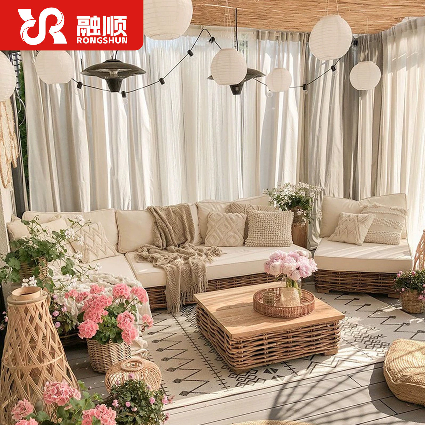 户外庭院双人藤编沙发茶几组合