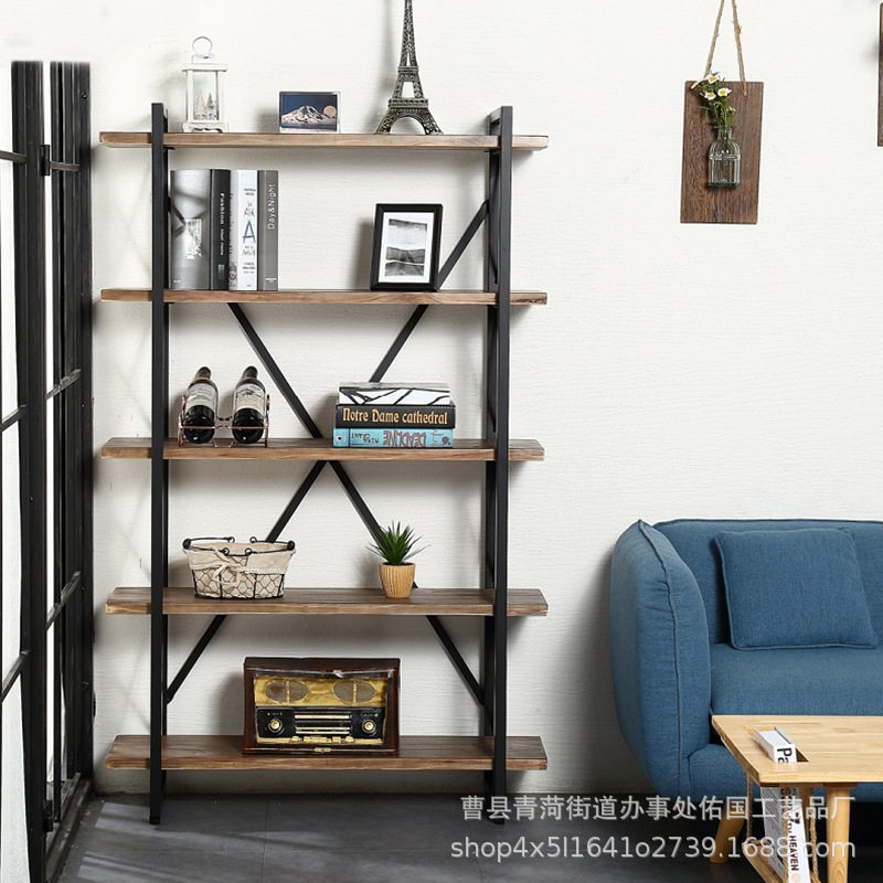 北欧置物架落地复古实木隔板书架鞋架客厅厨房美式铁艺储物展示架